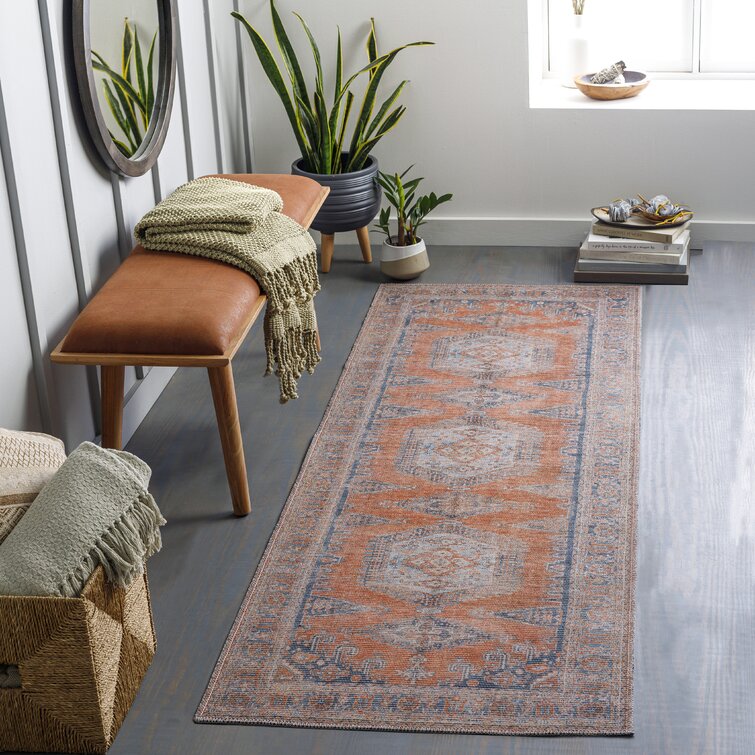 Bria Machine Washable Oriental Burnt Orange/Blue Area Rug