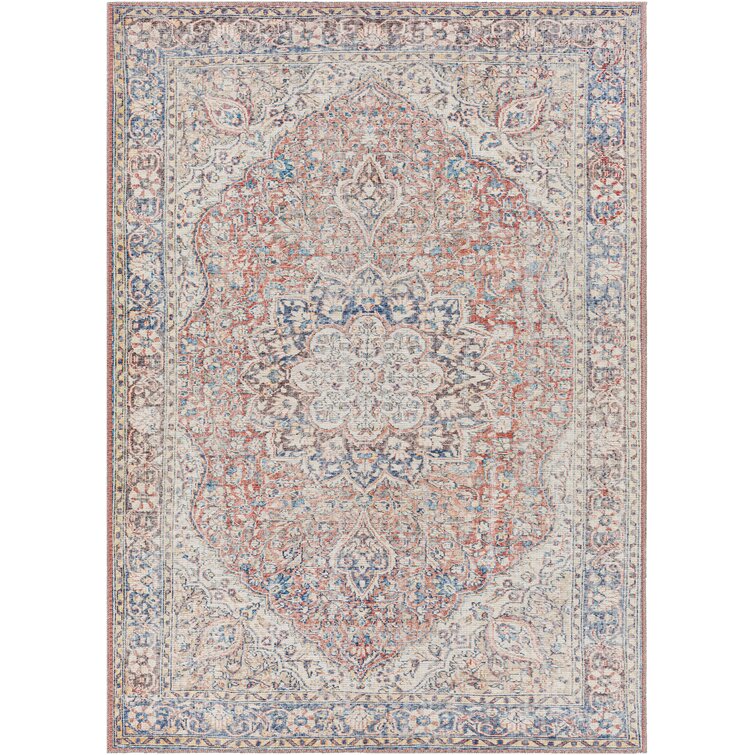 Bria Machine Washable Oriental Red/Blue/Ivory Area Rug
